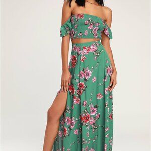 Away On Vacay Green Floral Print Two-Piece Maxi Dress